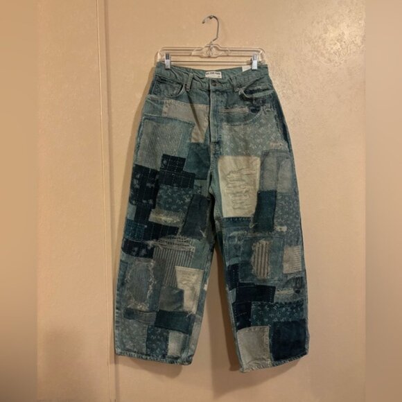 NWT Free People We The Free Illusions Patchwork Barrel Leg Jeans sz 30 - Picture 1 of 11